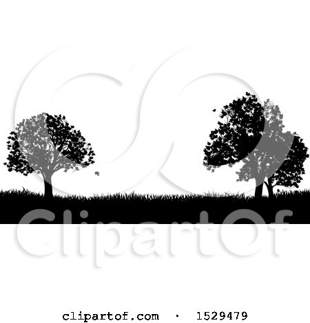 Clipart of a Black and White Silhouetted Grassy Field with Trees - Royalty Free Vector Illustration by AtStockIllustration
