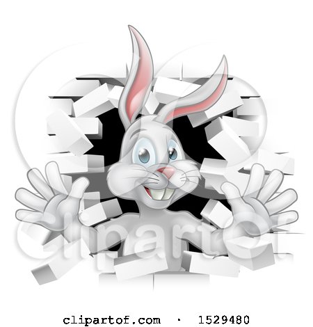 Clipart of a White Easter Bunny Rabbit Breaking Through a White Brick Wall - Royalty Free Vector Illustration by AtStockIllustration