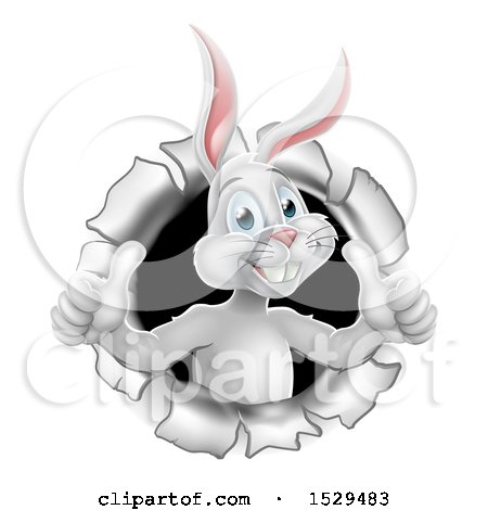 Clipart of a Happy White Easter Bunny Rabbit Breaking Through a Hole in a Wall and Holding up Two Thumbs - Royalty Free Vector Illustration by AtStockIllustration