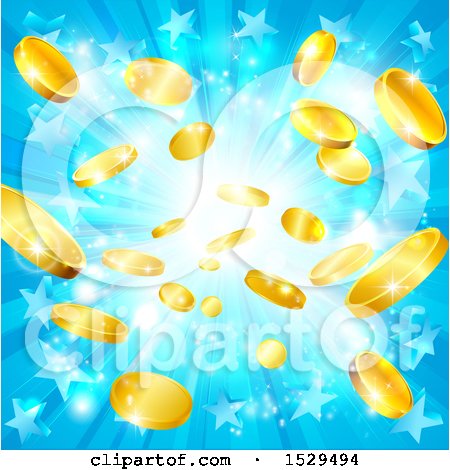 Clipart of a Blue Explosion of Stars and Gold Coins - Royalty Free Vector Illustration by AtStockIllustration