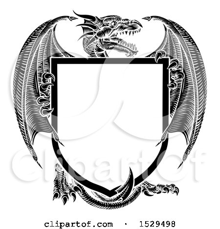 Clipart of a Black and White Dragon Shield - Royalty Free Vector Illustration by AtStockIllustration
