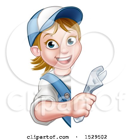 Clipart of a White Female Plumber Holding an Adjustable Wrench Around a Sign - Royalty Free Vector Illustration by AtStockIllustration