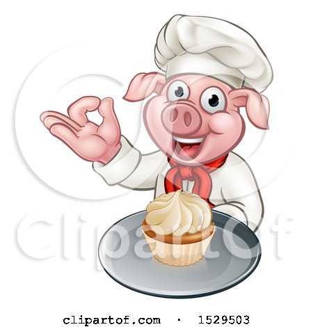 Clipart of a Chef Pig Holding a Cupcake on a Tray and Gesturing Okay - Royalty Free Vector Illustration by AtStockIllustration