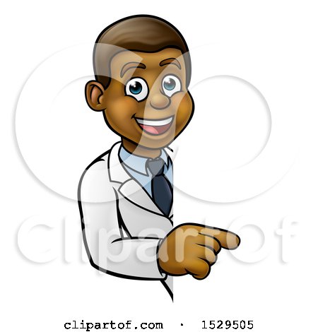 Clipart of a Friendly Black Male Doctor Pointing Around a Sign - Royalty Free Vector Illustration by AtStockIllustration