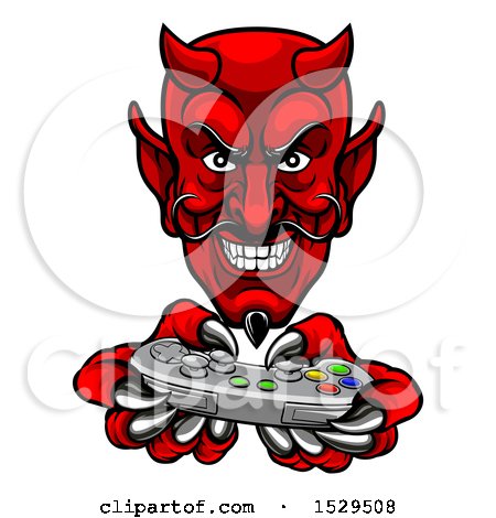 Clipart of a Grinning Evil Red Devil Playing with a Video Game Controller - Royalty Free Vector Illustration by AtStockIllustration