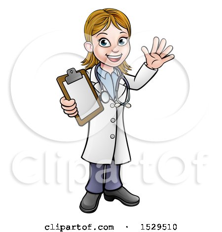 Clipart of a Cartoon Friendly White Female Doctor Waving and Holding a Clipboard - Royalty Free Vector Illustration by AtStockIllustration
