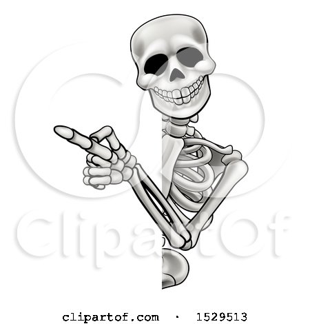 Clipart of a Cartoon Skeleton Pointing Around a Sign - Royalty Free Vector Illustration by AtStockIllustration