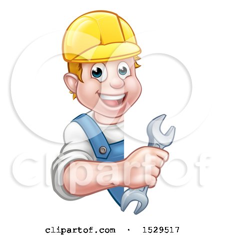 Clipart of a Happy White Male Worker Holding a Spanner Wrench Around a Sign - Royalty Free Vector Illustration by AtStockIllustration