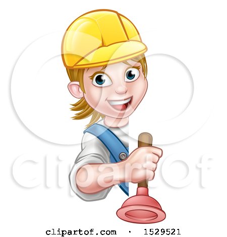 Clipart of a Happy White Female Plumber Holding a Plunger Around a Sign - Royalty Free Vector Illustration by AtStockIllustration