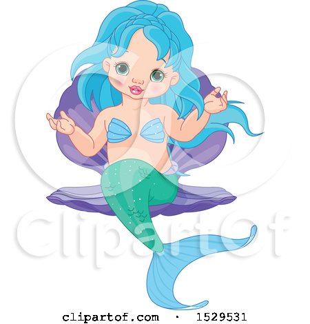 Clipart of a Mermaid Baby Sitting on a Shell - Royalty Free Vector Illustration by Pushkin