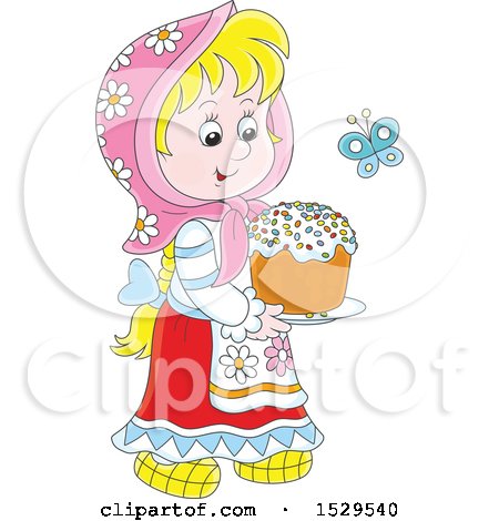 Clipart of a Happy Blond Caucasian Girl Carrying a Cake - Royalty Free Vector Illustration by Alex Bannykh