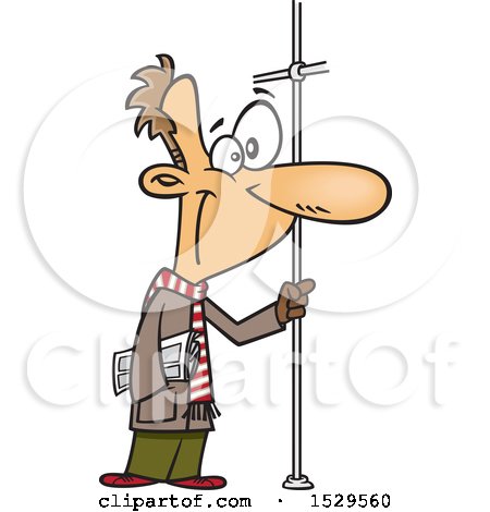 Clipart of a Cartoon White Man Riding a Bus, Holding onto a Pole - Royalty Free Vector Illustration by toonaday