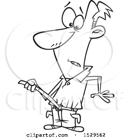 Clipart of a Cartoon Black and White Broke Man Tightening His Belt - Royalty Free Vector Illustration by toonaday