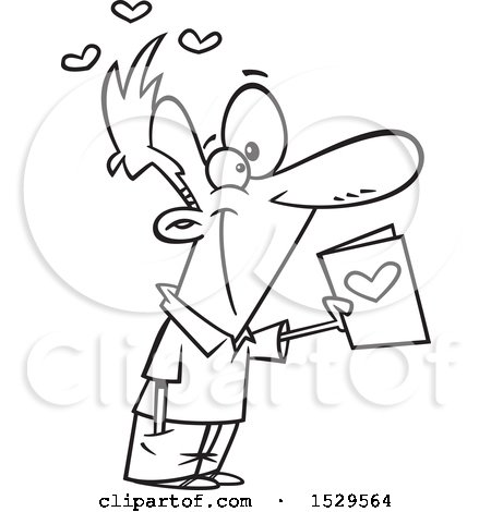 Clipart of a Cartoon Black and White Man Holding out a Valentines Day Card - Royalty Free Vector Illustration by toonaday