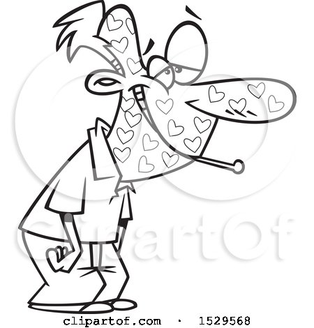 Clipart of a Cartoon Black and White Love Sick Man with a Heart Rash - Royalty Free Vector Illustration by toonaday