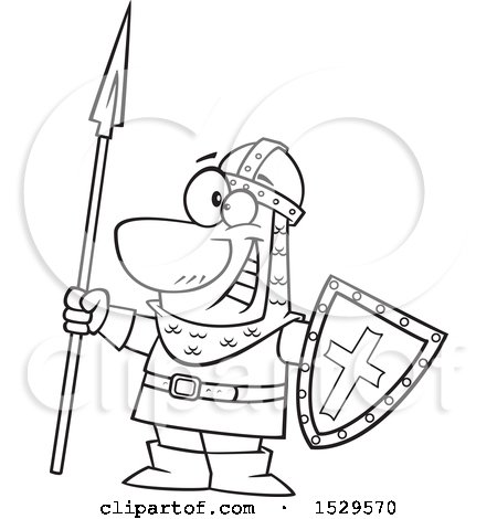 Clipart of a Cartoon Black and White Male Castle Guard Holding a Spear and Shield - Royalty Free Vector Illustration by toonaday