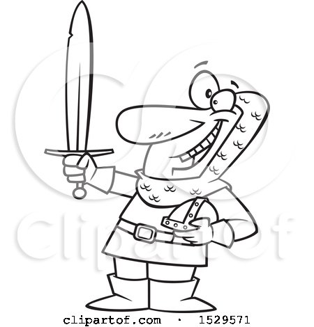 Clipart of a Cartoon Black and White Male Castle Guard Holding a Sword - Royalty Free Vector Illustration by toonaday