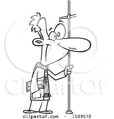 Clipart of a Cartoon Black and White Man Riding a Bus, Holding onto a Pole - Royalty Free Vector Illustration by toonaday