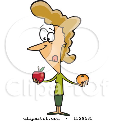 Clipart of a Cartoon Caucasian Woman Comparing Apples and Oranges - Royalty Free Vector Illustration by toonaday