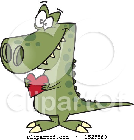 Clipart of a Cartoon Sweet Dinosaur Holding a Valentine Love Heart - Royalty Free Vector Illustration by toonaday