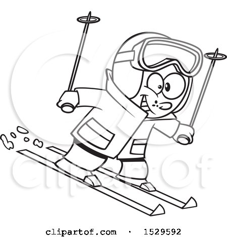 Clipart of a Cartoon Lineart Happy Boy Skiing - Royalty Free Vector Illustration by toonaday