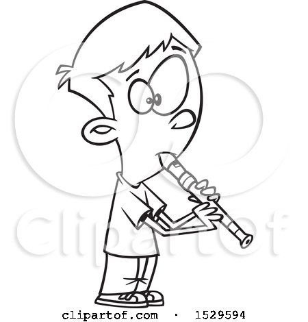 Clipart of a Cartoon Lineart Boy Playing a Recorder - Royalty Free Vector Illustration by toonaday