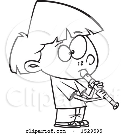 Clipart of a Cartoon Lineart Girl Playing a Recorder - Royalty Free Vector Illustration by toonaday