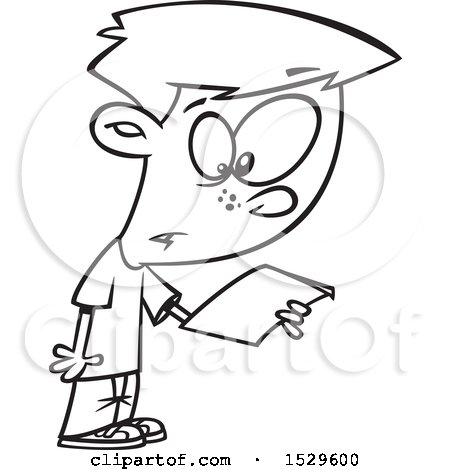 Clipart of a Cartoon Lineart Boy Reading a Script - Royalty Free Vector Illustration by toonaday