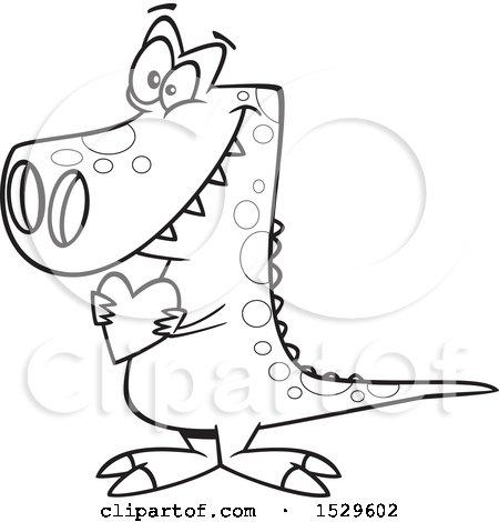 Clipart of a Cartoon Lineart Sweet Dinosaur Holding a Valentine Love Heart - Royalty Free Vector Illustration by toonaday