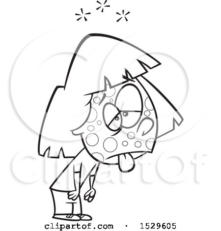 Clipart of a Cartoon Lineart Contagious Sick Girl - Royalty Free Vector Illustration by toonaday