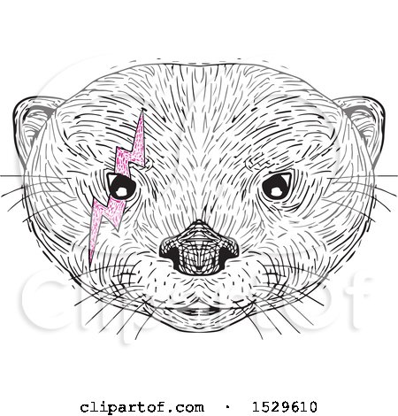Clipart of a Black and White Asian Small Clawed Otter Face with a Pink Bolt Around One Eye, in Drawing Sketch Style - Royalty Free Vector Illustration by patrimonio
