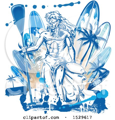 Clipart of Neptune Holding a Paddle over Surfboards with Palm Trees and Grunge - Royalty Free Vector Illustration by Domenico Condello