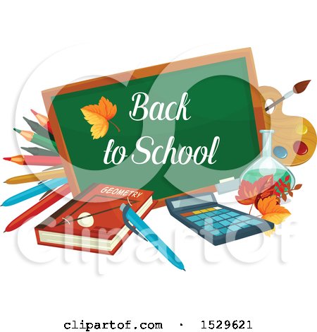 Clipart of a Back to School Design with a Chalk Board, Book, Pencils, and Supplies - Royalty Free Vector Illustration by Vector Tradition SM