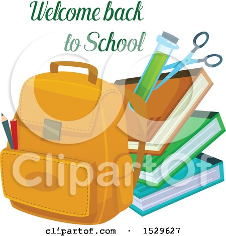 Clipart of a Welcome Back to School Design with a Backpack, Books and Test Tube - Royalty Free Vector Illustration by Vector Tradition SM