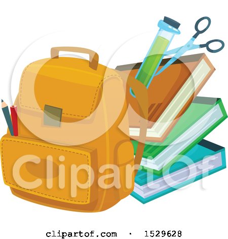 Clipart of a School Design with a Backpack, Books and Test Tube - Royalty Free Vector Illustration by Vector Tradition SM