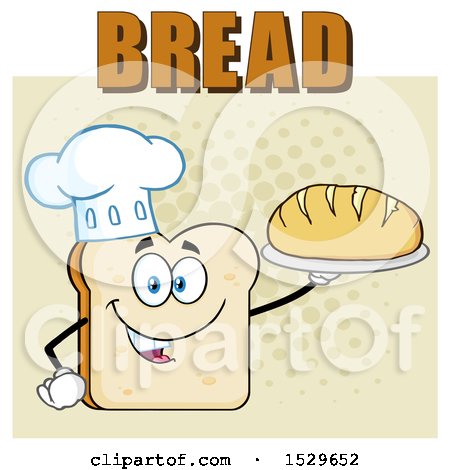 Clipart of a Sliced Bread Chef Mascot Character Serving a Loaf Under Text - Royalty Free Vector Illustration by Hit Toon