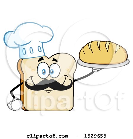 Clipart of a Sliced Bread Chef Mascot Character with a Mustache, Holding a Loaf - Royalty Free Vector Illustration by Hit Toon