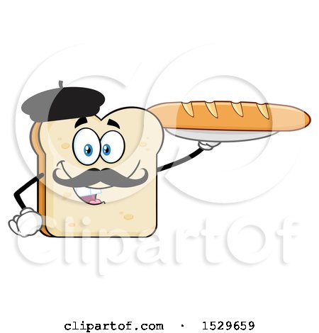 Clipart of a Sliced French Bread Mascot Character Holding a Baguette - Royalty Free Vector Illustration by Hit Toon