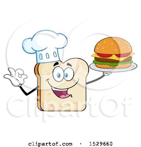 Clipart of a Sliced Bread Chef Mascot Character Serving a Cheeseburger - Royalty Free Vector Illustration by Hit Toon