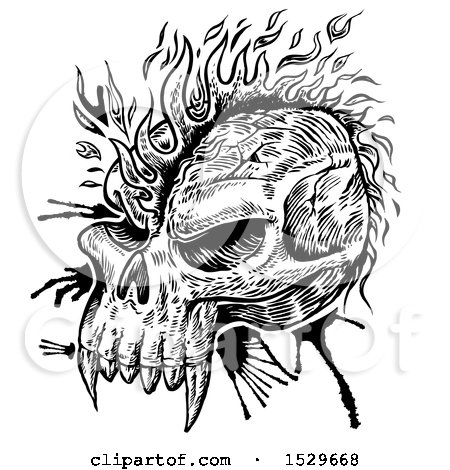 Clipart of a Black and White Sketched Skull with a Flame Mohawk - Royalty Free Vector Illustration by Domenico Condello