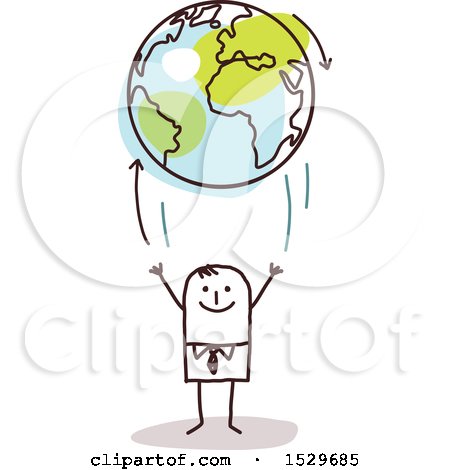 Clipart of a Stick Business Man Tossing up an Earth Globe, with Arrows - Royalty Free Vector Illustration by NL shop
