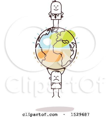 Clipart of a Stick Business Man on Top of an Earth Globe with a Struggling Man Hanging on the Bottom - Royalty Free Vector Illustration by NL shop