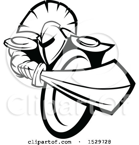 Clipart of a Black and White Strong Spartan Warrior Stabbing with His Sword - Royalty Free Vector Illustration by Chromaco