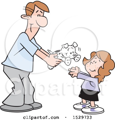 Clipart of a Happy White Father Giving His Daughter a Puppy Dog - Royalty Free Vector Illustration by Johnny Sajem