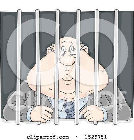Clipart of a Fat White Business Man Locked Behind Bars - Royalty Free Vector Illustration by Alex Bannykh