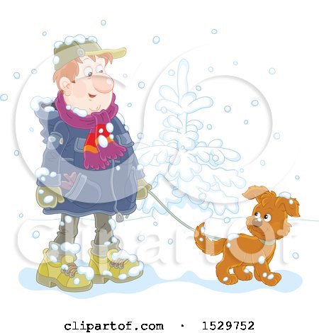 Clipart of a Man Walking His Puppy Dog in the Snow - Royalty Free Vector Illustration by Alex Bannykh