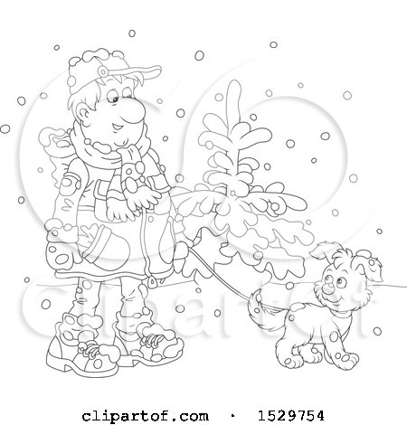 Clipart of a Black and White Man Walking His Puppy Dog in the Snow - Royalty Free Vector Illustration by Alex Bannykh
