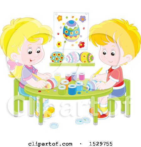 Clipart of a White Boy and Girl Decorating Easter Eggs - Royalty Free Vector Illustration by Alex Bannykh