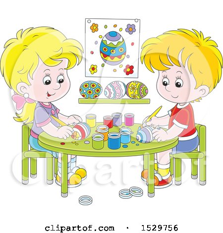 Clipart of a Caucasian Boy and Girl Decorating Easter Eggs - Royalty Free Vector Illustration by Alex Bannykh