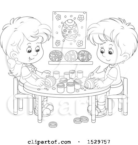 Clipart of a Black and White Boy and Girl Decorating Easter Eggs - Royalty Free Vector Illustration by Alex Bannykh